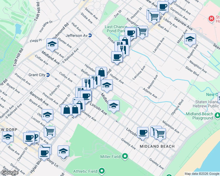 map of restaurants, bars, coffee shops, grocery stores, and more near 317 Bedford Avenue in Staten Island