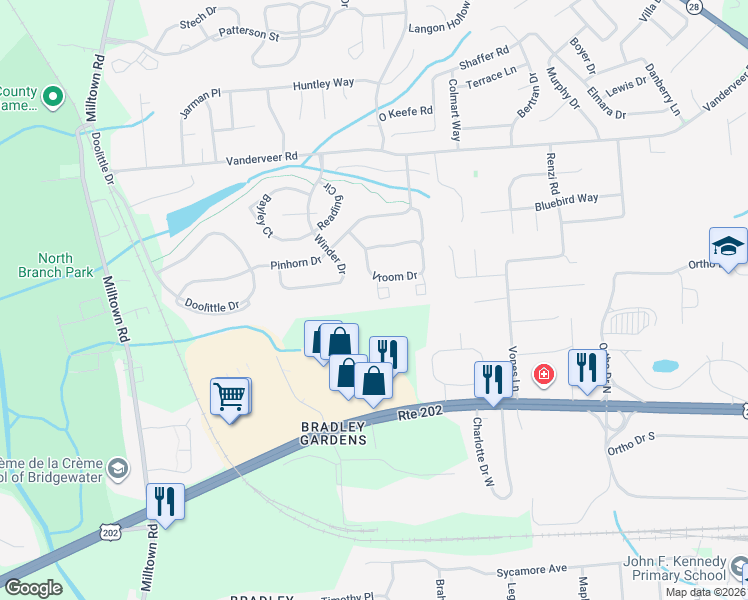 map of restaurants, bars, coffee shops, grocery stores, and more near 3502 Robinson Court in Bridgewater