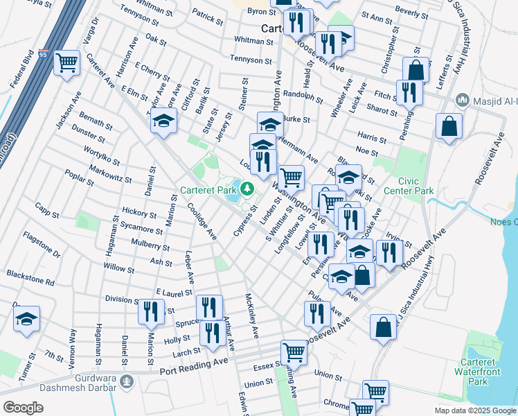 map of restaurants, bars, coffee shops, grocery stores, and more near 20 Cypress Street in Carteret
