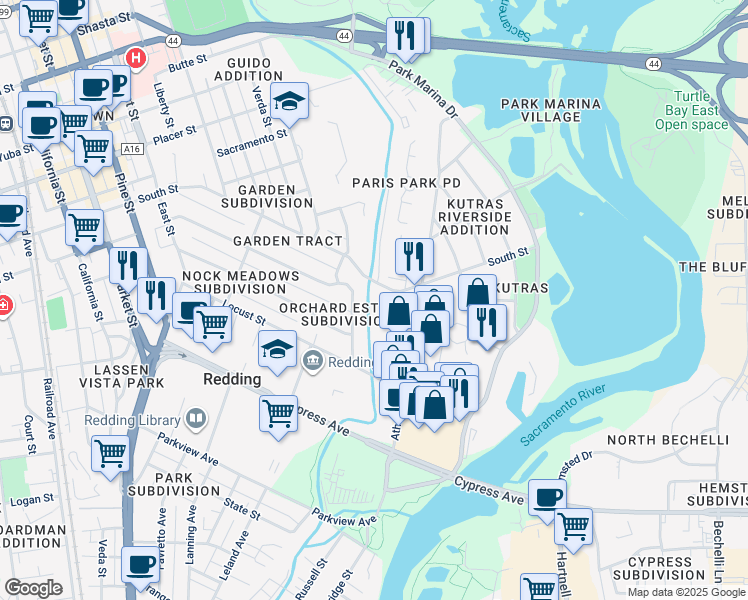 map of restaurants, bars, coffee shops, grocery stores, and more near 589 South Street in Redding