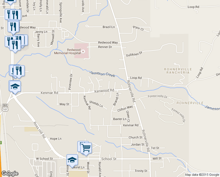 map of restaurants, bars, coffee shops, grocery stores, and more near 1789 Justice Court in Fortuna