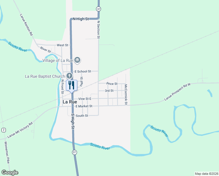 map of restaurants, bars, coffee shops, grocery stores, and more near 134 North Marsh Street in La Rue