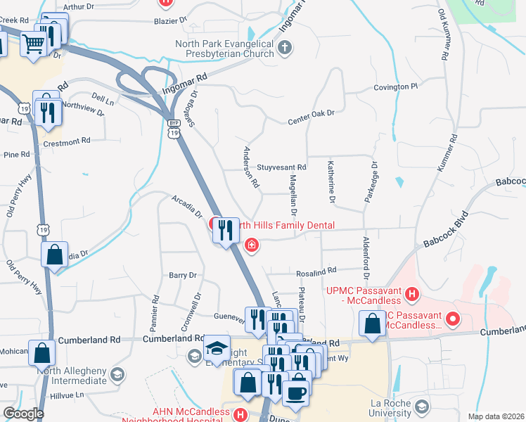 map of restaurants, bars, coffee shops, grocery stores, and more near 9452 Anderson Road in Pittsburgh