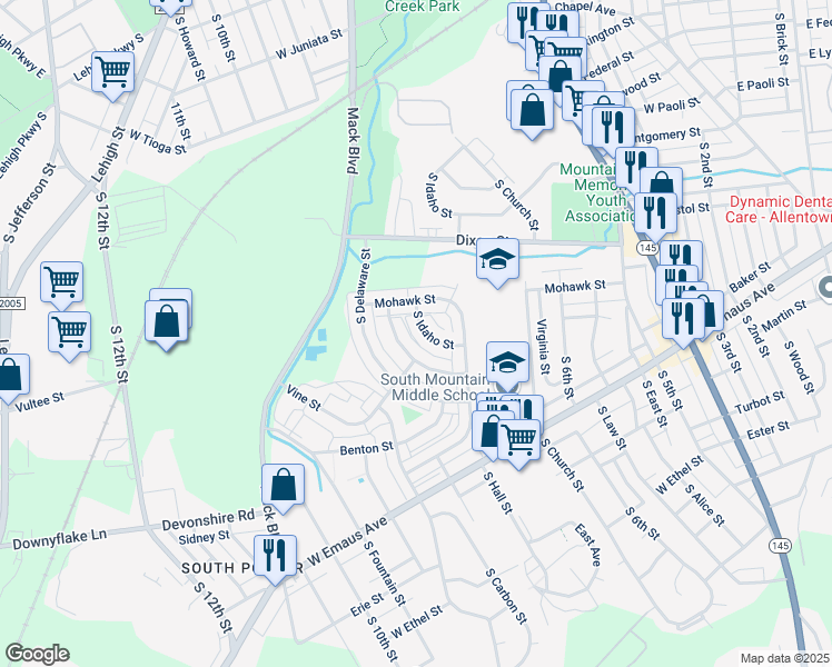 map of restaurants, bars, coffee shops, grocery stores, and more near 1932 South Idaho Street in Allentown