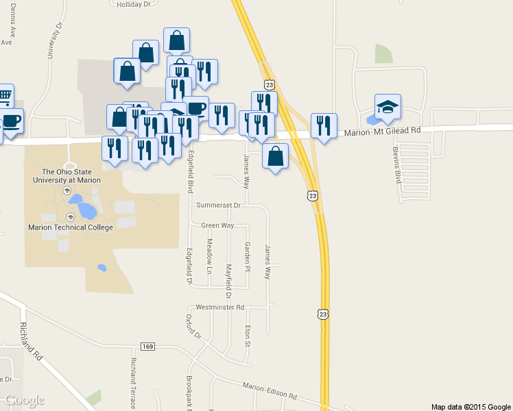 map of restaurants, bars, coffee shops, grocery stores, and more near 328-340 James Way in Marion