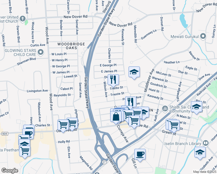 map of restaurants, bars, coffee shops, grocery stores, and more near 66 Trento Street in Woodbridge Township