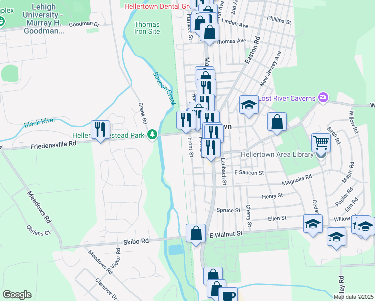map of restaurants, bars, coffee shops, grocery stores, and more near 468 Front Street in Hellertown