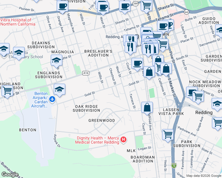 map of restaurants, bars, coffee shops, grocery stores, and more near 2039 Gold Street in Redding