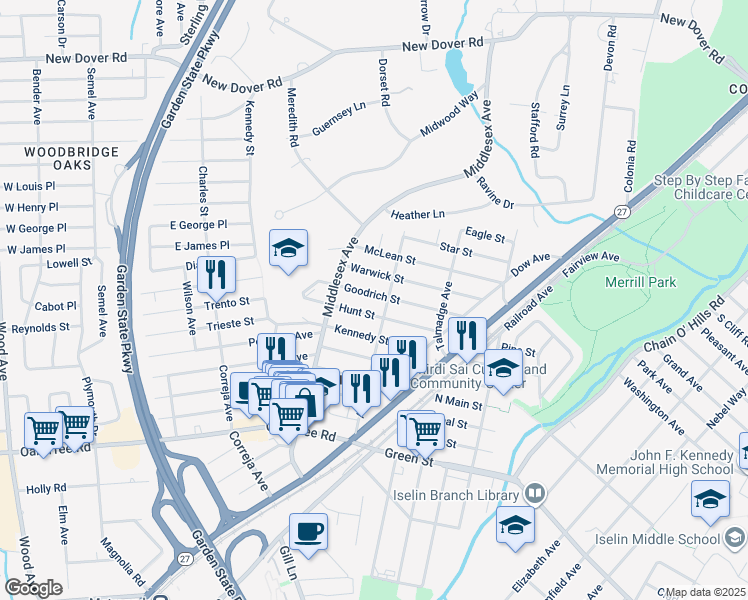 map of restaurants, bars, coffee shops, grocery stores, and more near 95 Goodrich Street in Woodbridge Township