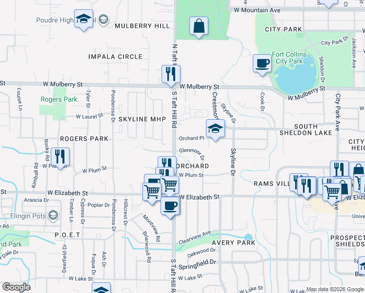 map of restaurants, bars, coffee shops, grocery stores, and more near 2060 Glenmoor Drive in Fort Collins