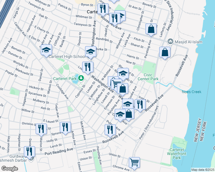 map of restaurants, bars, coffee shops, grocery stores, and more near 108 Washington Avenue in Carteret