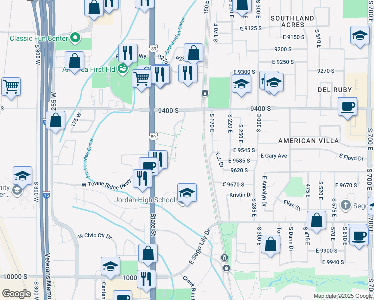 map of restaurants, bars, coffee shops, grocery stores, and more near 9575 South State Street in Sandy