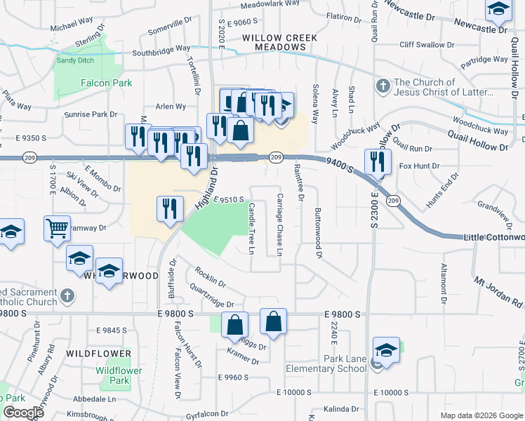 map of restaurants, bars, coffee shops, grocery stores, and more near 9536 East 9510 South in Sandy