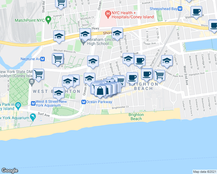 map of restaurants, bars, coffee shops, grocery stores, and more near 3040 Brighton 3rd Street in Brooklyn