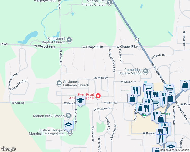 map of restaurants, bars, coffee shops, grocery stores, and more near 1910 West Wilno Drive in Marion