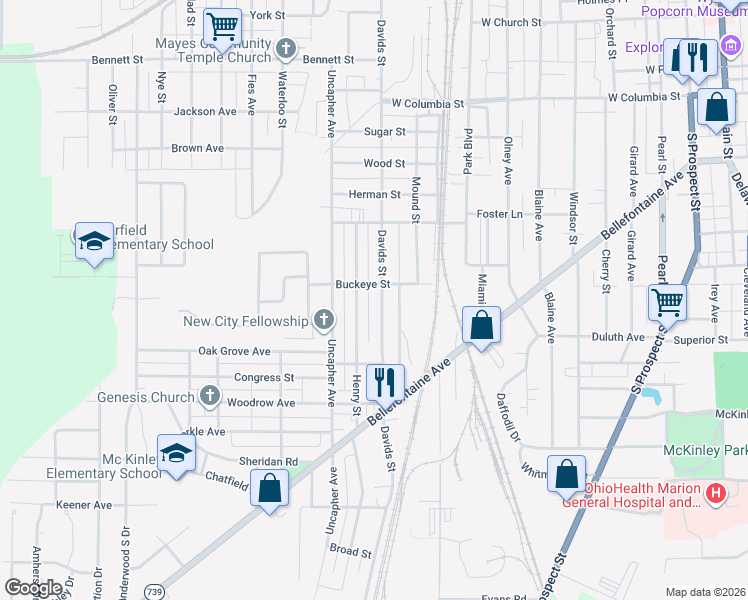 map of restaurants, bars, coffee shops, grocery stores, and more near 619 Davids St in Marion