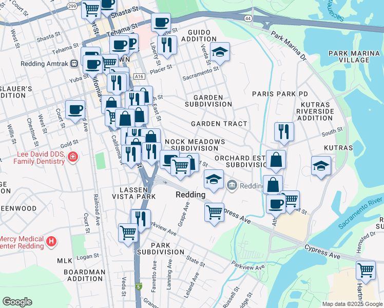 map of restaurants, bars, coffee shops, grocery stores, and more near 888 Locust Street in Redding