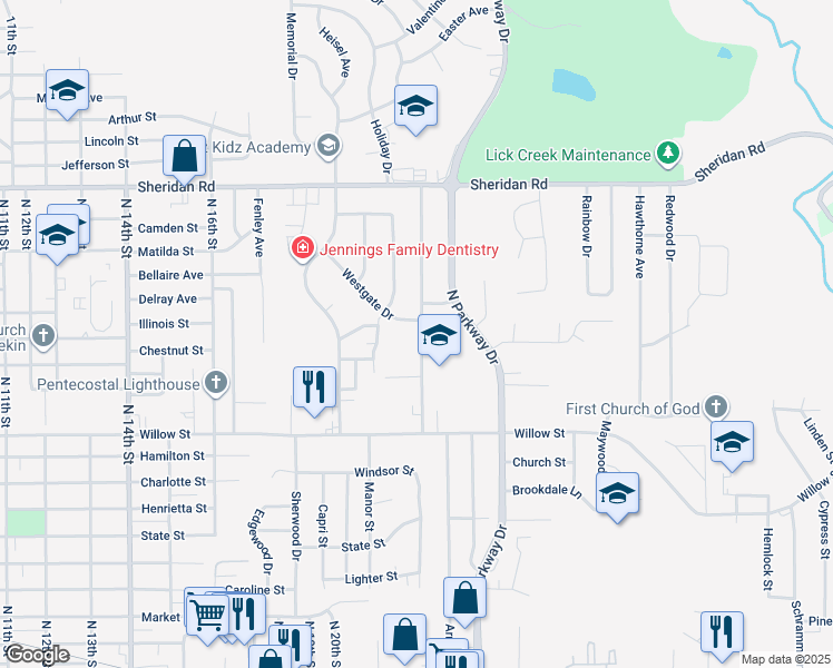 map of restaurants, bars, coffee shops, grocery stores, and more near 1205 Veerman Street in Pekin