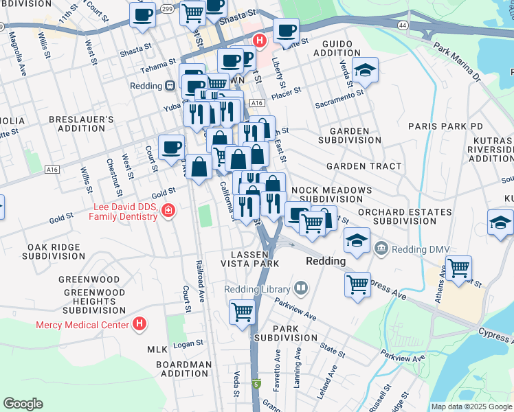 map of restaurants, bars, coffee shops, grocery stores, and more near 2151 Market Street in Redding