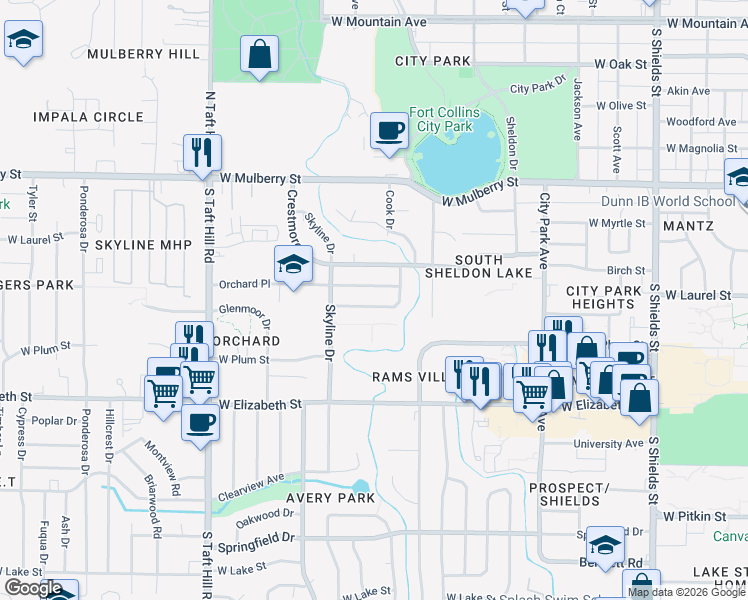 map of restaurants, bars, coffee shops, grocery stores, and more near 1812 Broadview Place in Fort Collins