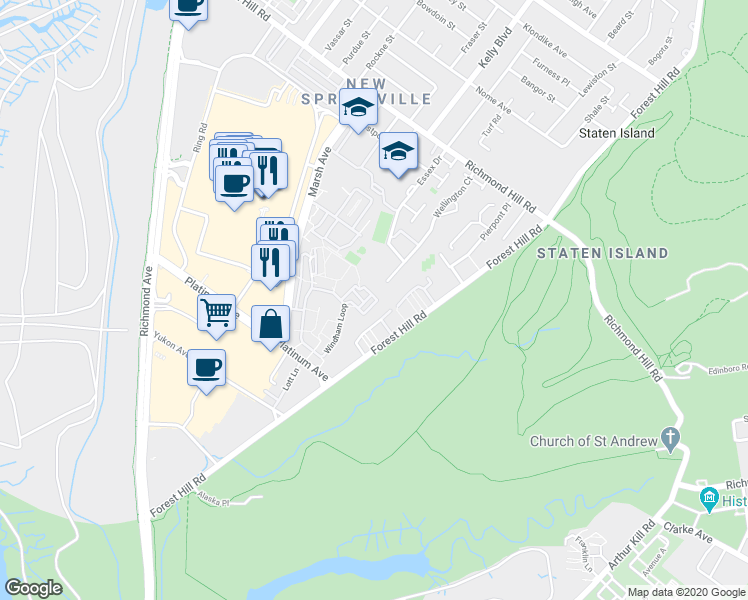 map of restaurants, bars, coffee shops, grocery stores, and more near 61 Canon Drive in Staten Island