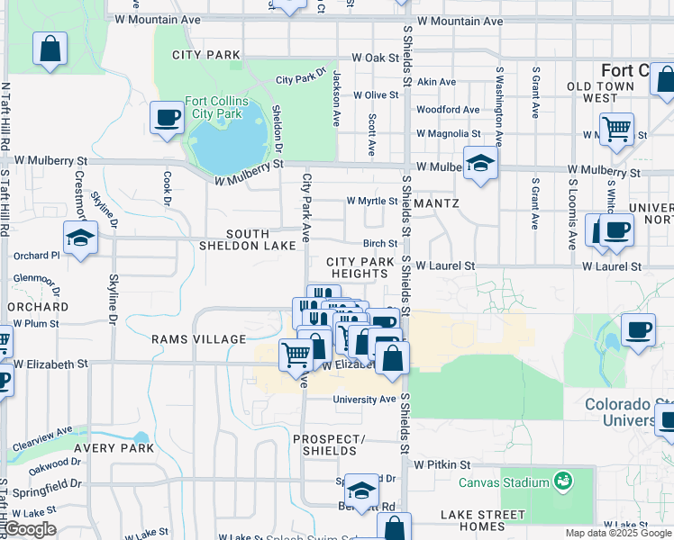 map of restaurants, bars, coffee shops, grocery stores, and more near Baystone Drive in Fort Collins