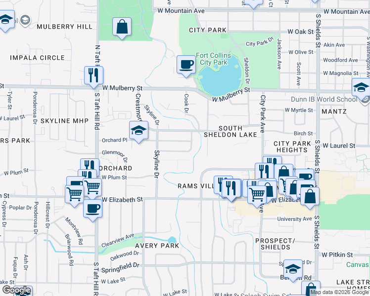 map of restaurants, bars, coffee shops, grocery stores, and more near 1812 Broadview Place in Fort Collins