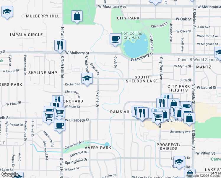 map of restaurants, bars, coffee shops, grocery stores, and more near 1812 Broadview Place in Fort Collins