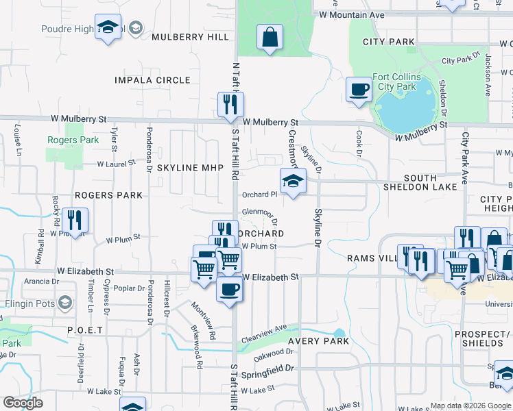 map of restaurants, bars, coffee shops, grocery stores, and more near 2048 Glenmoor Drive in Fort Collins