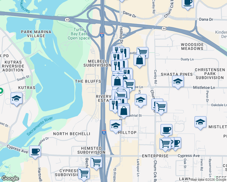 map of restaurants, bars, coffee shops, grocery stores, and more near 605 Iris Drive in Redding
