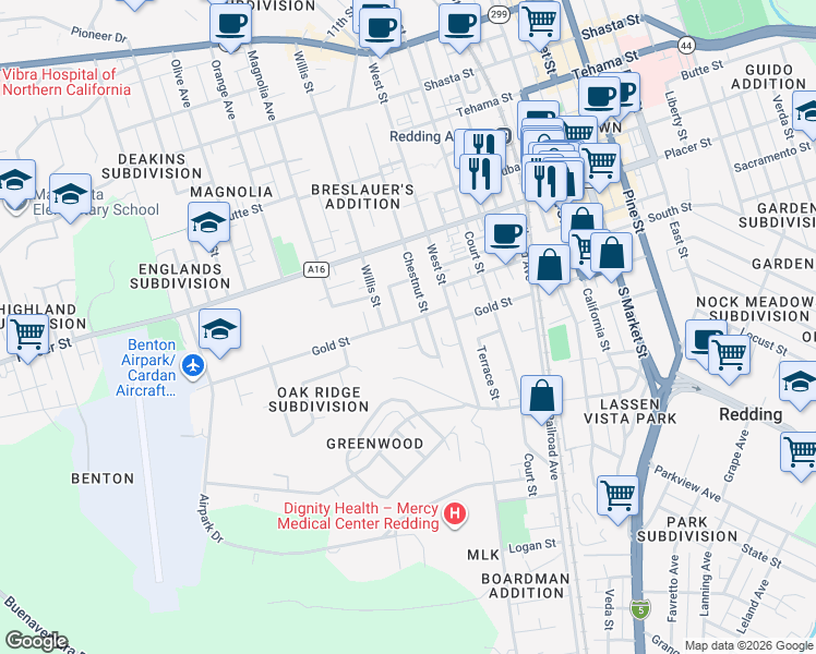 map of restaurants, bars, coffee shops, grocery stores, and more near 2039 Gold Street in Redding