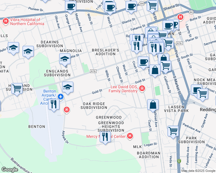 map of restaurants, bars, coffee shops, grocery stores, and more near 2120 Gold Street in Redding
