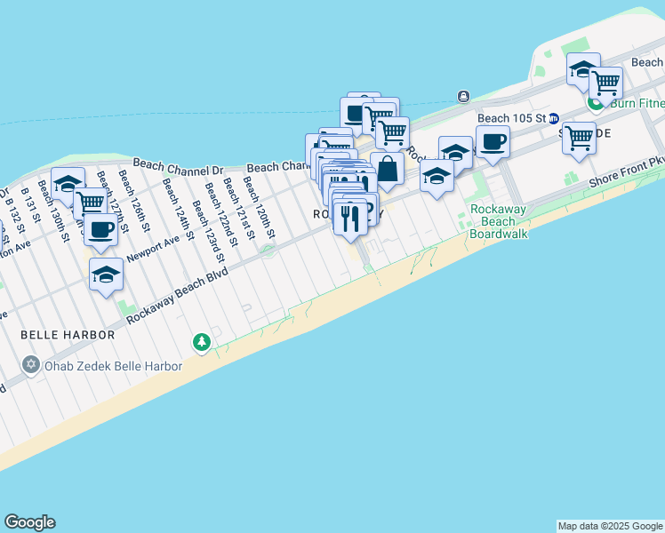 map of restaurants, bars, coffee shops, grocery stores, and more near 1-47 Beach 117th Street in Queens