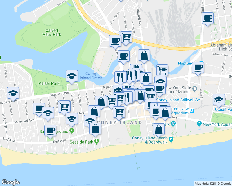 map of restaurants, bars, coffee shops, grocery stores, and more near 2825 West 19th Street in Brooklyn