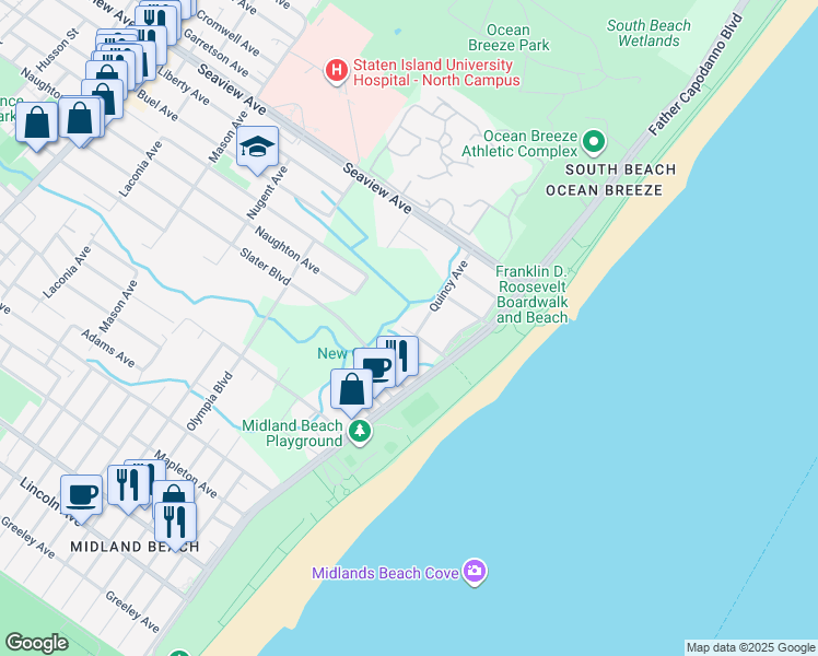 map of restaurants, bars, coffee shops, grocery stores, and more near 664 Quincy Avenue in Staten Island