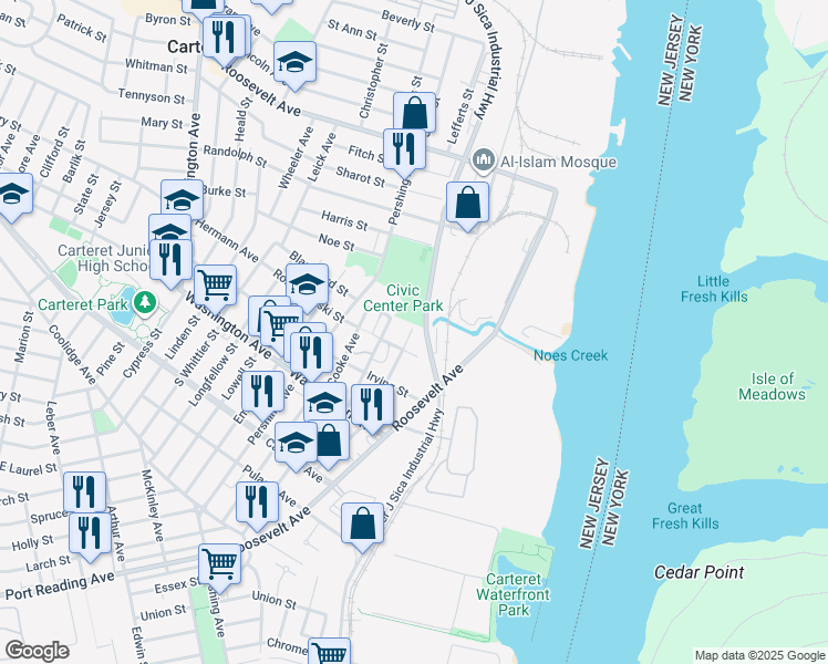 map of restaurants, bars, coffee shops, grocery stores, and more near 88 Locust Street in Carteret