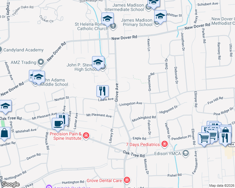 map of restaurants, bars, coffee shops, grocery stores, and more near 1042 New Dover Road in Edison