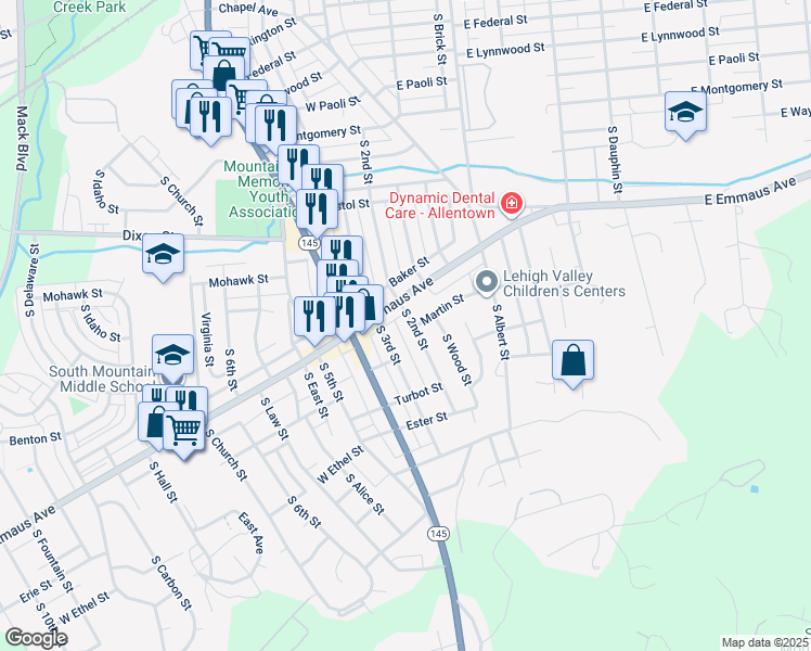 map of restaurants, bars, coffee shops, grocery stores, and more near 2012 South 2nd Street in Allentown