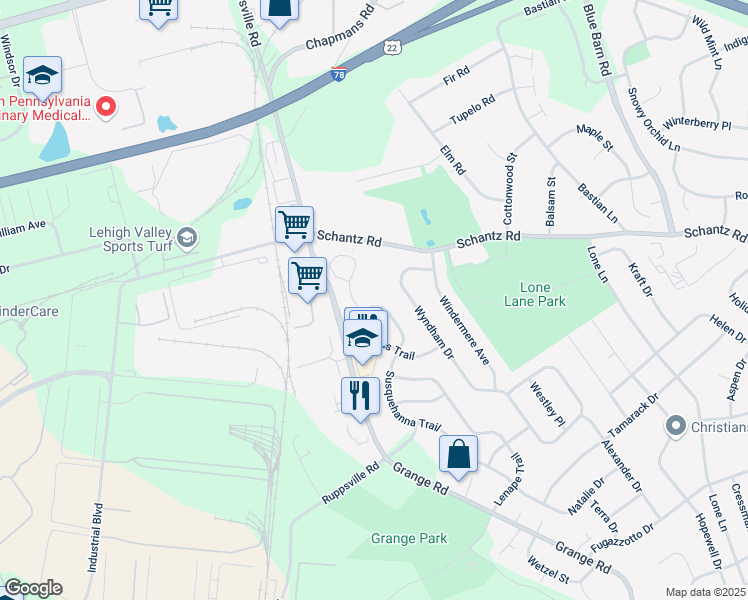 map of restaurants, bars, coffee shops, grocery stores, and more near 113 Susquehanna Trail in Allentown
