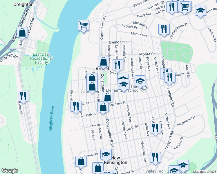 map of restaurants, bars, coffee shops, grocery stores, and more near 1742 Kenneth Avenue in Arnold