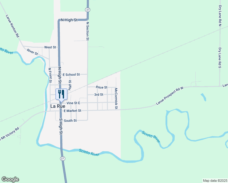 map of restaurants, bars, coffee shops, grocery stores, and more near 425 3rd Street in La Rue