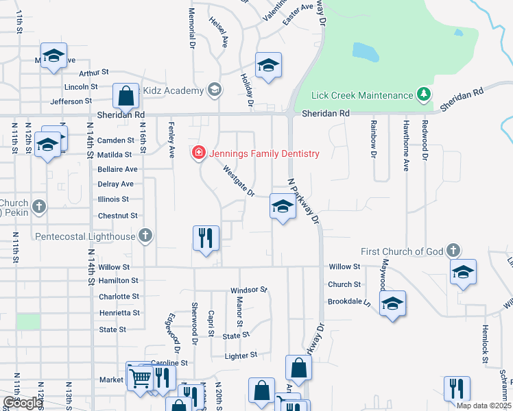map of restaurants, bars, coffee shops, grocery stores, and more near 1205 Veerman Street in Pekin