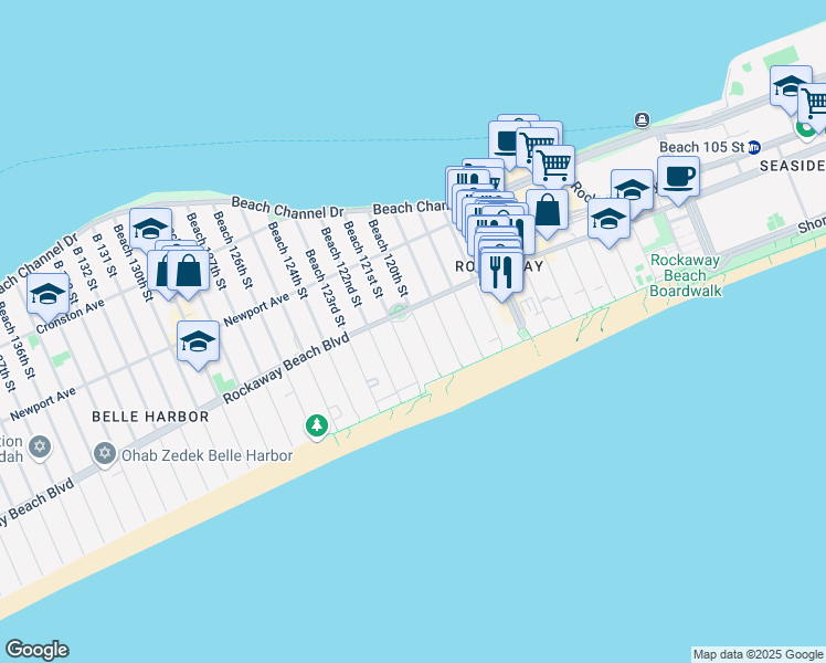 map of restaurants, bars, coffee shops, grocery stores, and more near 1-79 Beach 120th Street in Queens