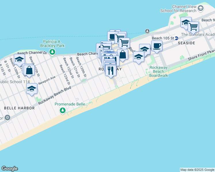 map of restaurants, bars, coffee shops, grocery stores, and more near 1-47 Beach 117th Street in Queens
