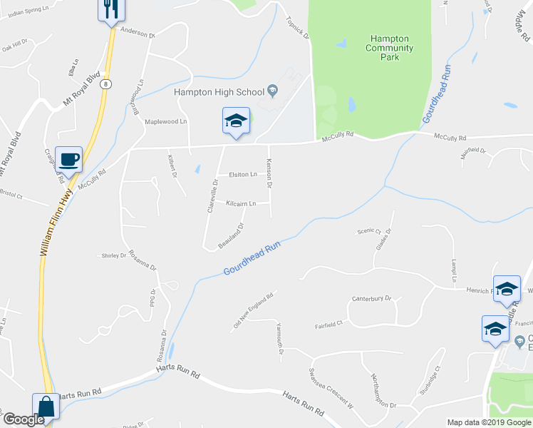 map of restaurants, bars, coffee shops, grocery stores, and more near 4337 Kenson Drive in Hampton Township