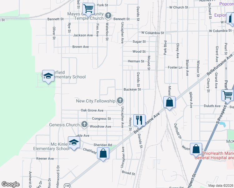 map of restaurants, bars, coffee shops, grocery stores, and more near 614 West Lawn Drive in Marion