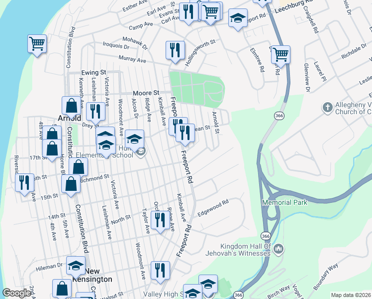 map of restaurants, bars, coffee shops, grocery stores, and more near 1716 Freeport Road in New Kensington