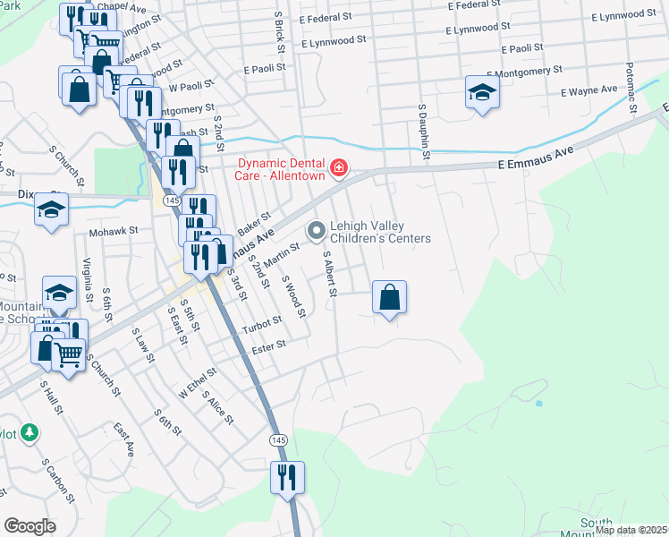 map of restaurants, bars, coffee shops, grocery stores, and more near 2037 South Albert Street in Allentown