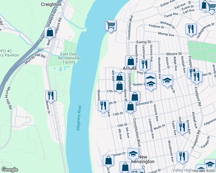 map of restaurants, bars, coffee shops, grocery stores, and more near 1714 3rd Ave in New Kensington