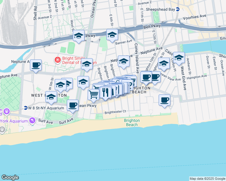 map of restaurants, bars, coffee shops, grocery stores, and more near 3053 Brighton 4th St in Brooklyn